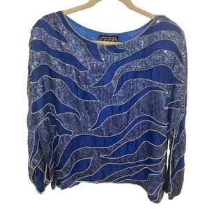 Vintage Blue Silk Top Large JLB‎ Paris Hong Kong Embellished Sequin Beaded